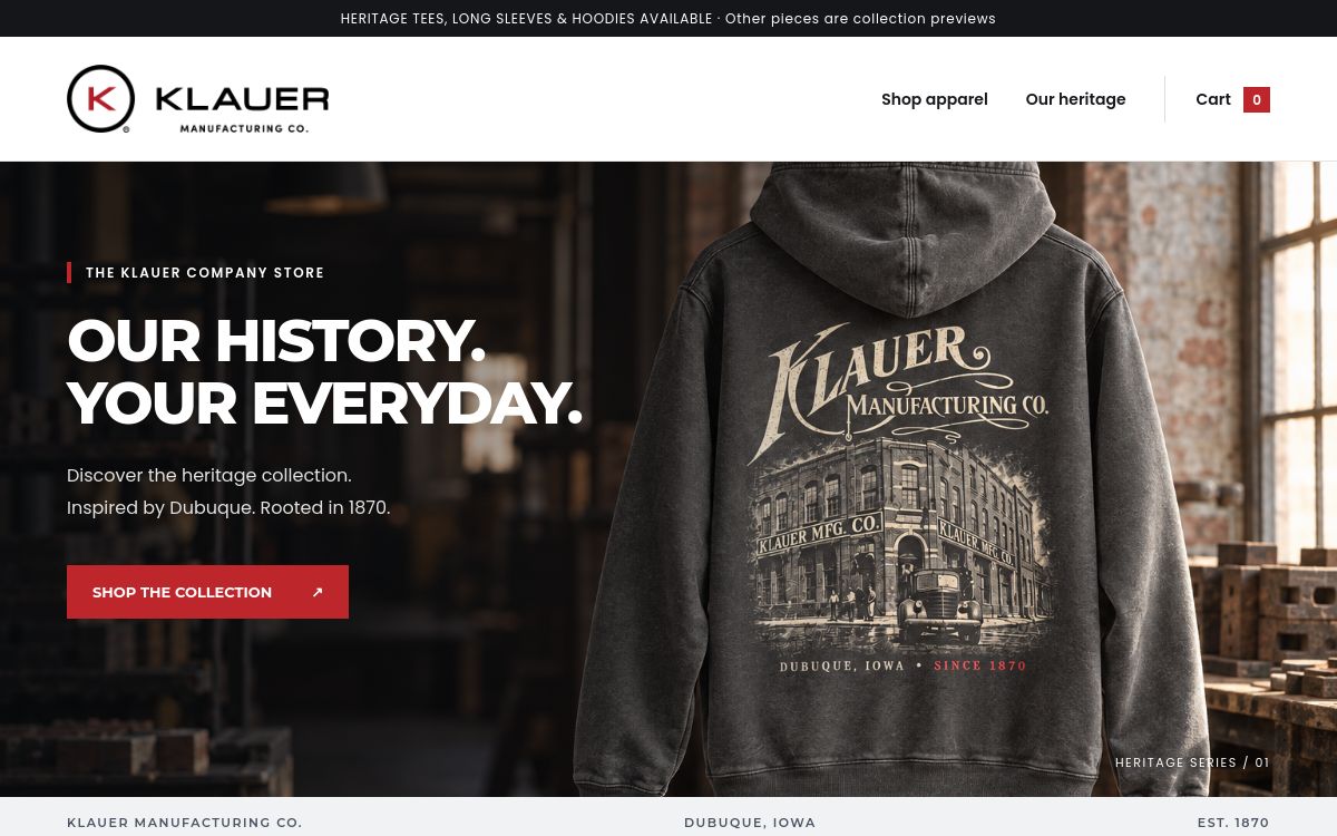 Actual Klauer Company Store homepage featuring the heritage apparel collection