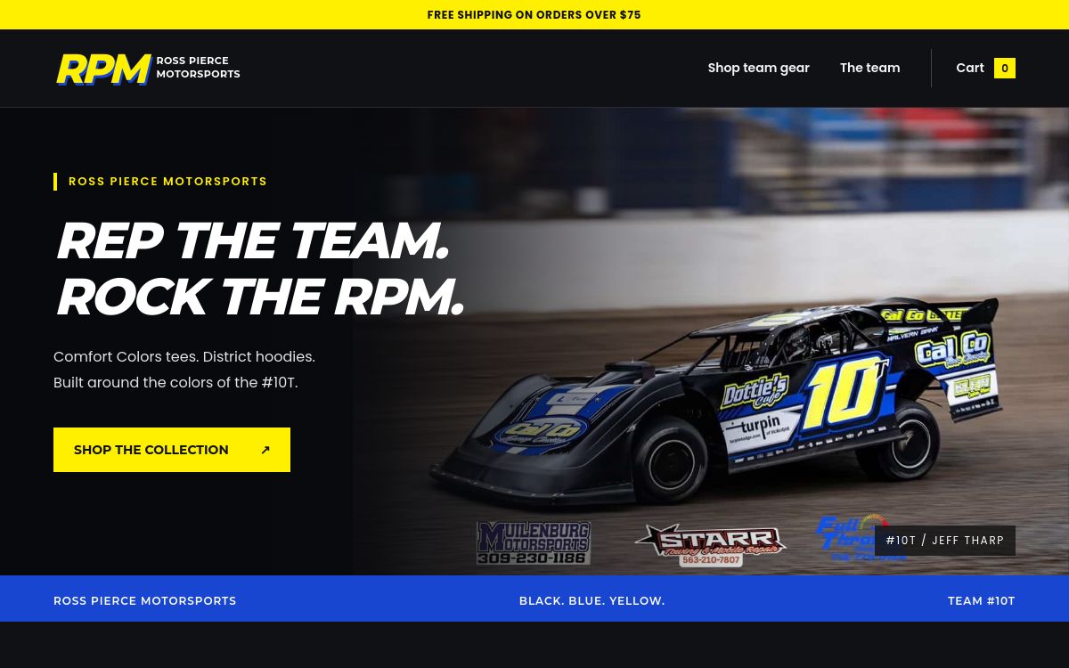 Actual Ross Pierce Motorsports store homepage featuring the number 10T race car